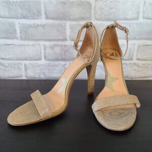 Gianni Bini Gold Ella Quent Fabric Ankle Strap Heel Sandals Shoe